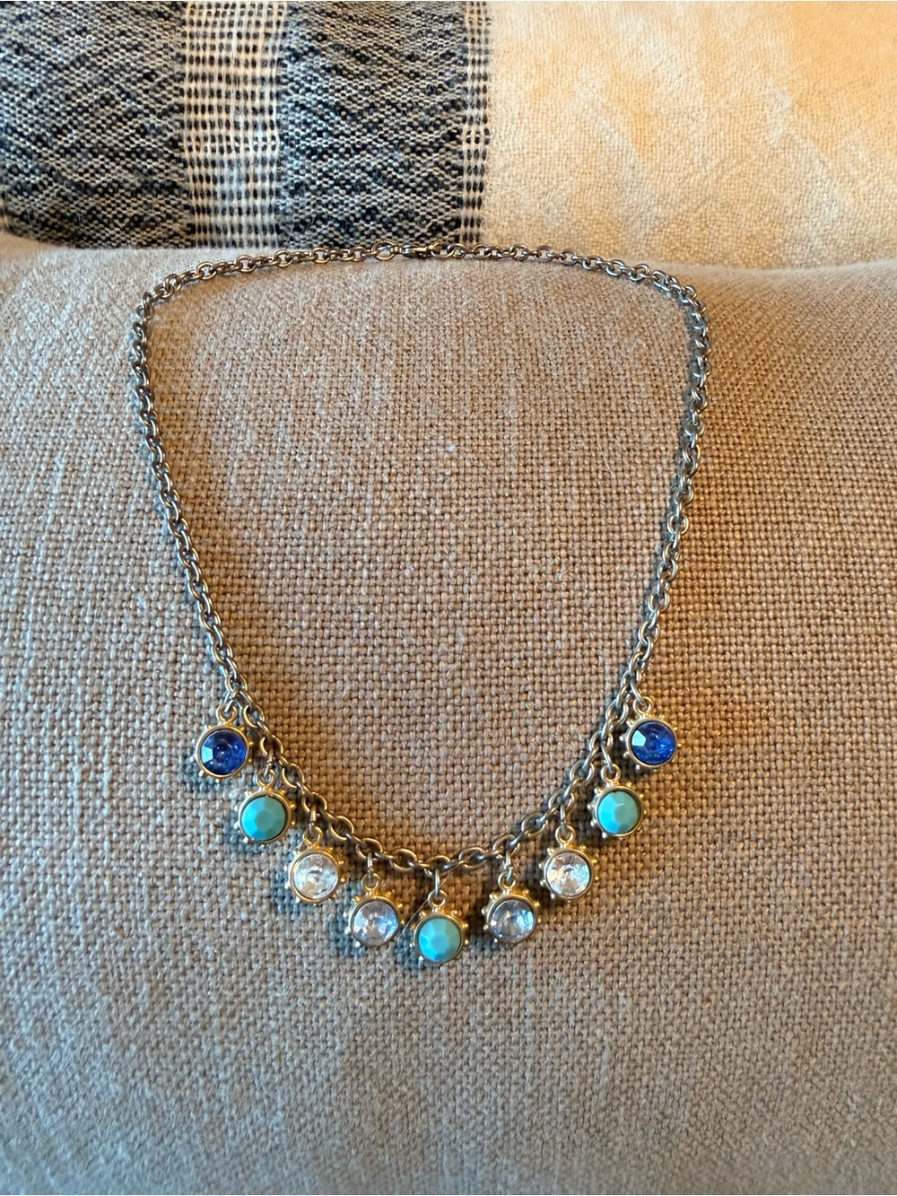 Silver Chain Necklace with Blue, Turquoise and Clear Gems